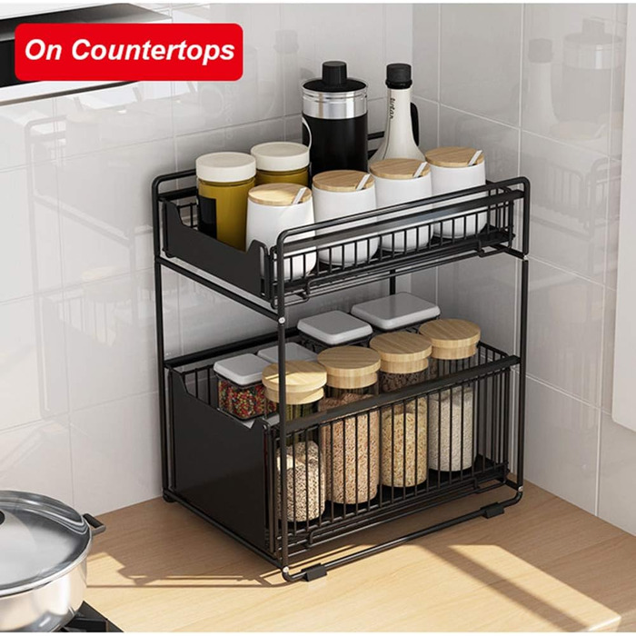 Under-Cabinet Organizer with 2 Tiers, Adjustable Height, with Wooden Handle, Pull-Out Metal Basket for Kitchen and Bathroom (Black)
