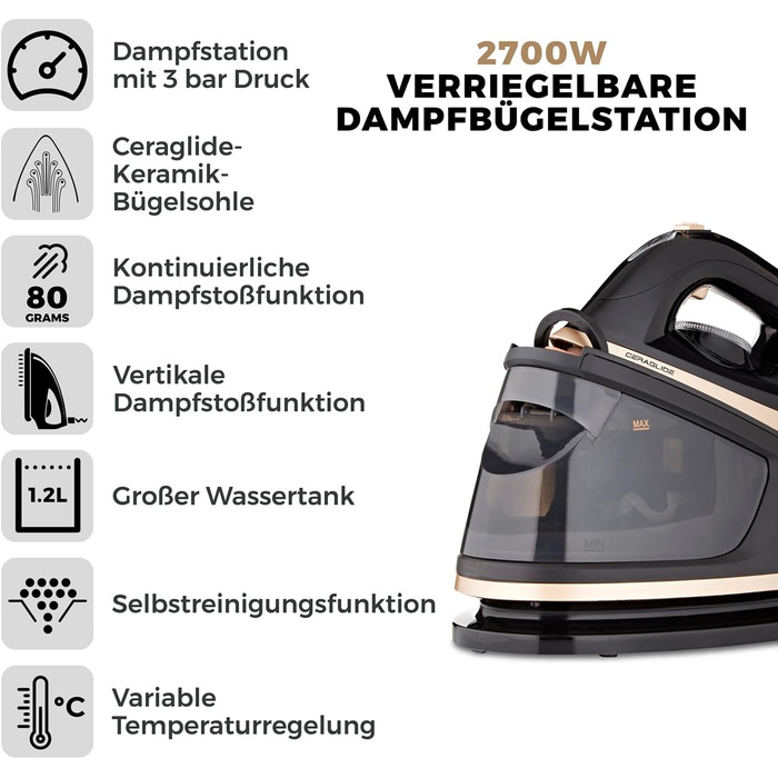 TOWER T22023GLDVDE IRON STEAM GENERATOR Steam Generator, Champagne Gold and Black Ceraglide Iron Black and Gold
