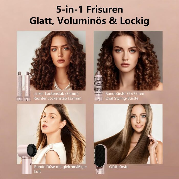 Фен-щітка 5 в 1 для волосся, Airstyler з феном, для створення об'єму та локонів, рожевий, з Європейською вилкою