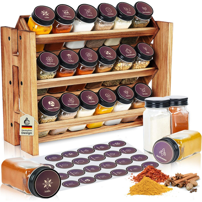 Elegant dark spice rack, wood standing & wall-mounted, 18 spice jars, 25 labels. Spice organizer, spice rack, kitchen shelf, wood, vintage. Spice rack - spice rack system hanging - spice storage (pine wood)