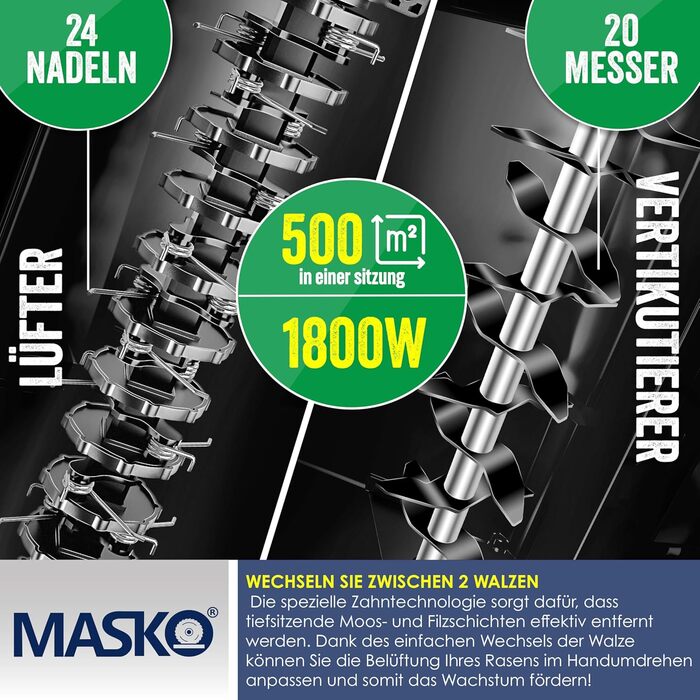 MASKO® Електричний аератор-скарифікатор 2в1 для газону, 1800 Вт, 40 см, 55 л, регулювання глибини, лоток, щітка, рукавички