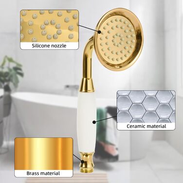 Delnet Classic High-Pressure Showerhead, Chrome, Traditional Telephone Style, Handheld Showerhead and 1.5m Hose (Vintage, Gold)