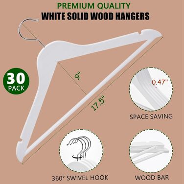 Дерев'яні вішалки для одягу Amber Home, білі, 30 шт. з нековзною перекладиною для штанів, сорочок, курток, суконь.