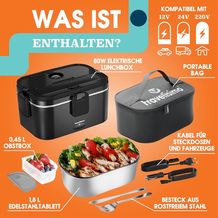 Electric Lunch Box 80W Thermo Lunch Box for Keeping Food Hot, 1.8L Heat Box 3-in-1 Food Warmer, Food Warming Box for 12V/24V/220V, for Work, Car, Truck Electric Lunchbox, Heat Box