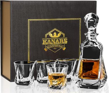 Набір склянок та карафи для віскі KANARS (5 шт.), 650 мл + 4 склянки по 210 мл, без свинцю, кришталь, подарункова коробка