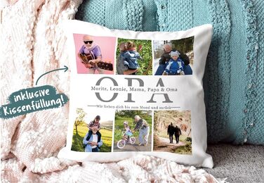 Подушка з фото на замовлення – Опа, ми тебе любимо – колаж з 6 фото та іменами, подарунок для найкращого дідуся від онуків, з наповнювачем, зелена задня сторона, 40x40 см