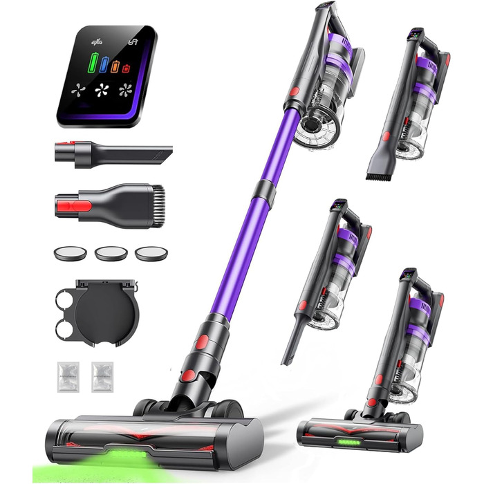 Бездротовий акумуляторний пилосос 600W, 50KPa, 65 хвилин роботи, з HD-дисплеєм, ароматерапією, контейнером 1,8L, світлодіодне освітлення, щітка для килимів, твердих поверхонь та шерсті тварин