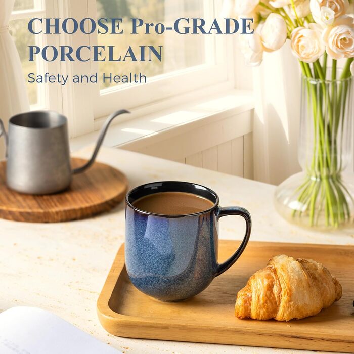 Набір керамічних кавових чашок LERATIO, 340 мл, 6 шт. - великі чашки з порцеляни з зручним ручками для лате, капучино, молока, какао, придатні для миття в посудомийній машині та використання в мікрохвильовці, ідеальні для чоловіків, жінок, батьків, Зелени