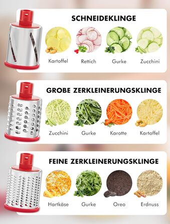 Тертка для сиру GDL з ручкою, оновлена терка для овочів з 5 дисками, терка-нарізач для овочів, зручна та швидка, терка для сиру, морозива, горіхів, огірків, моркви (червона)