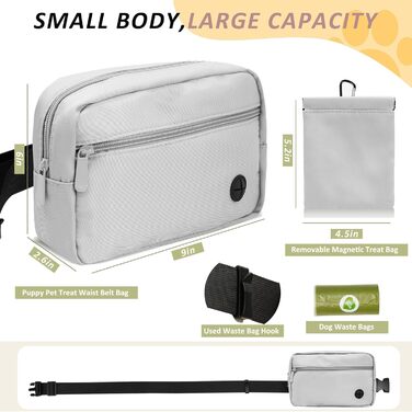 Сумка для собак з карабіном, сумка для тренування цуценят з відділенням для ласощів та тримачем для пакетів, зручна сумка для перенесення їжі та відходів для тварин з регульованим поясом (Сіра)