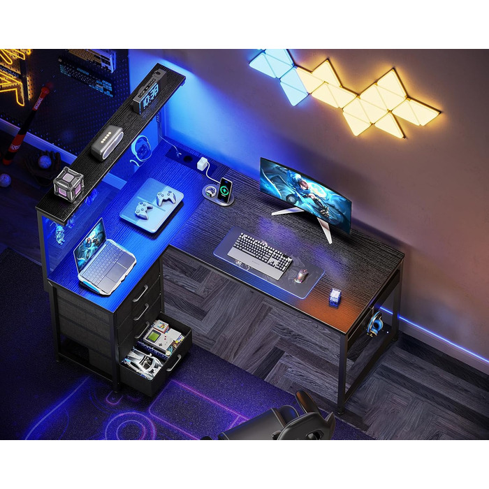 Ігровий стіл Coleshome з LED підсвічуванням, 110x80 см. Реверсивний стіл з шухлядами та розетками, кутовий стіл з полицею та місцем для зберігання, чорний