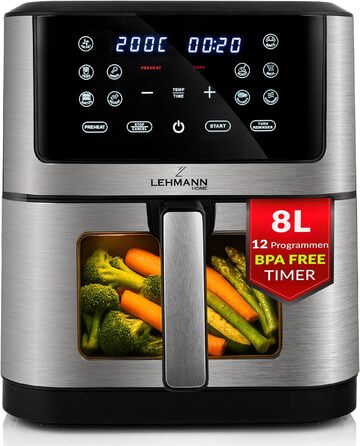 Горизонтальний фритюрник Lehmann 8л, 1800 Вт з оглядовим вікном, регулюванням температури до 200°C, 12 програм, таймером, антипригарним покриттям, для приготування на грилі, випікання та смаження з використанням технології Air Fry