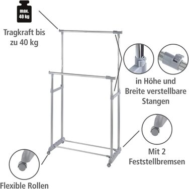 WENKO Clothes Rack, Folding, Clothes Storage with Adjustable Clothes Rod and Wheels, Plastic/Metal, 88 x 100-168 x 11-49 cm, Chrome/Grey (168 x 44 x 163 cm)