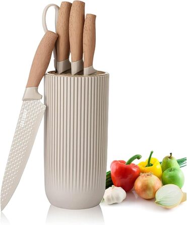Набір кухонних ножів у блоці, 6 предметів: професійний набір ножів з нержавіючої сталі з ергономічною ручкою, супер гострі, з ножицями, антипригарне покриття, для дому, ресторану, RV (Хакі)