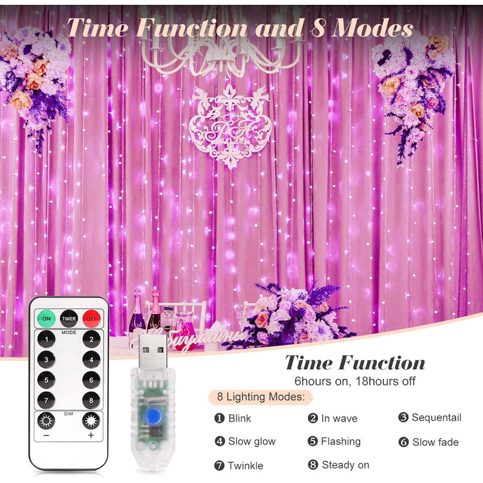 Ланцюжок LED-ліхтарів Yizhet 3x3м, 300 LED, тепле біле світло, IP65, 8 режимів, для декору вечірки, шлюбу, Різдва, тераси (рожевий)