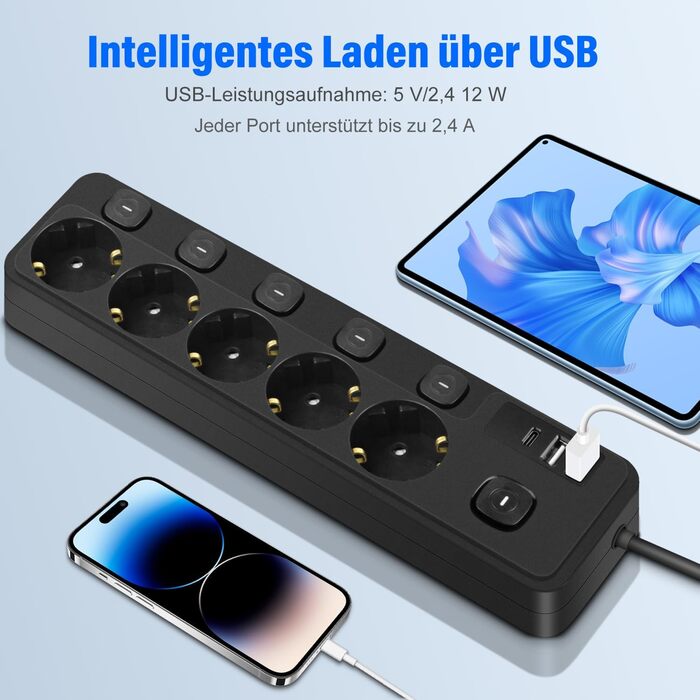 Мережевий фільтр 5-портовий з USB-A та USB-C, з індивідуальним вимикачем, захист від перенапруги, для дому та офісу (3M)