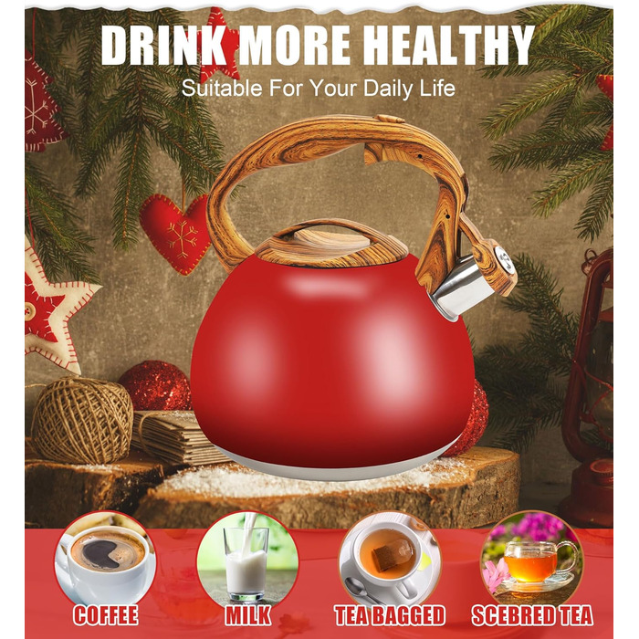 Чайник-свисток Foedo з нержавіючої сталі з дерев'яною ручкою, 3.2 л, градієнт червоного кольору, для чаю, кави та молока, класичний дизайн