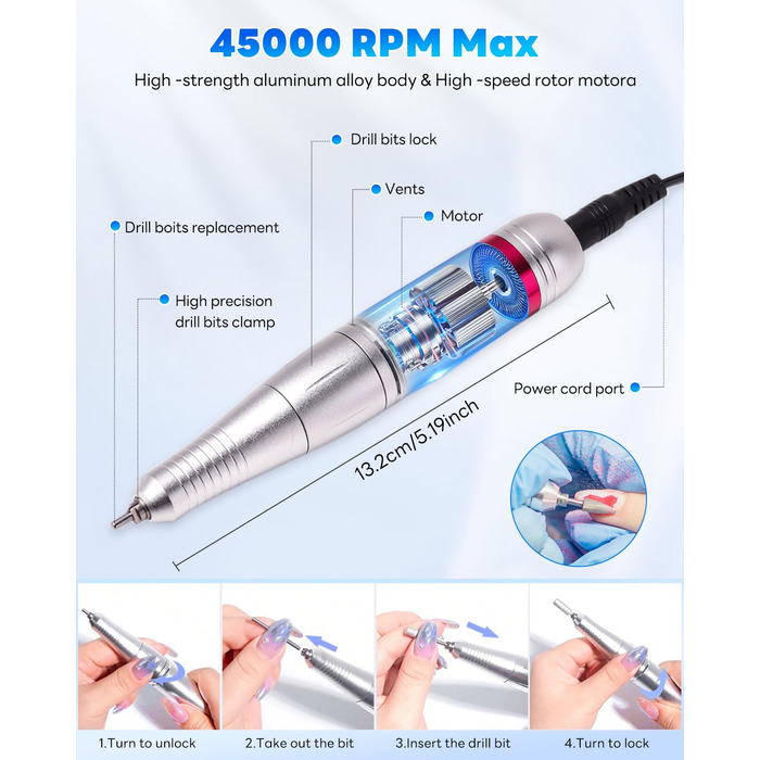 Електричний фрезер для нігтів CozyZen Professional: набір для манікюру та педикюру з LCD-дисплеєм, 45000 об/хв, для акрилу та гелю