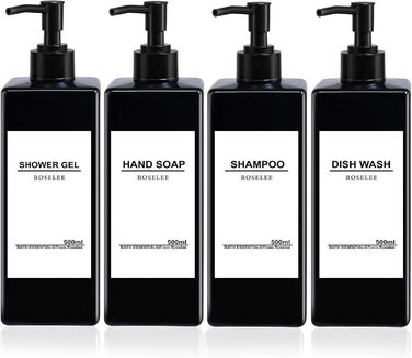 Набір дозаторів для мила Roselee (4 шт.), 500 мл, чорний. Дозатори для душу, шампуню, мила. Пластикові дозатори з воронкою та вологостійкими етикетками для кухні, ванної кімнати.