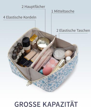 Косметичка для подорожей Wandering Nature для жінок з відділенням для пензликів, водонепроникна, велика, з перегородкою та ручкою (блакитна квітка)