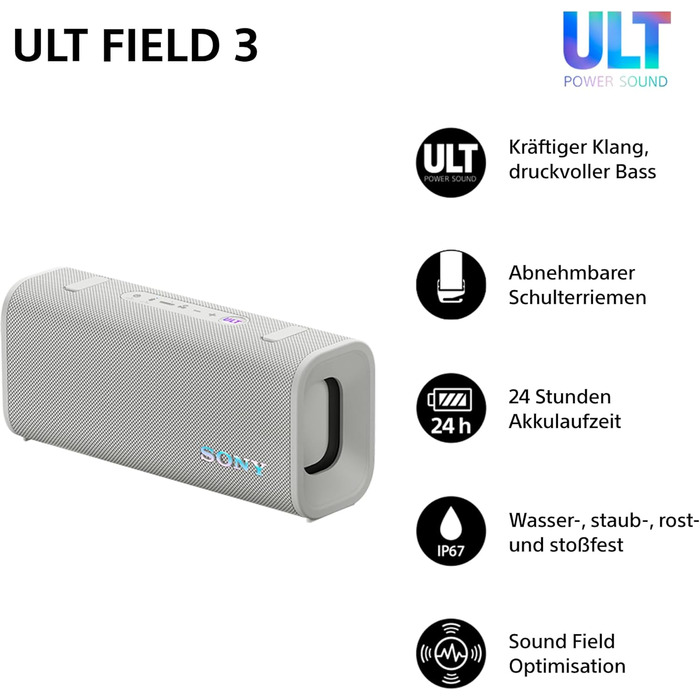 Sony ULT Field 3 – Портативна Bluetooth колонка з ULT Power Sound, IP67 (водонепроникна, пилозахищена), 12 год автономії, білий