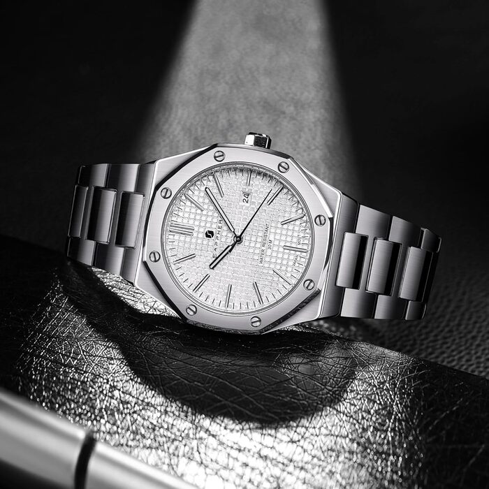 Годинник SAPPHERO для чоловіків: класичні кварцові годинники з нержавіючої сталі, водонепроникні 50M, з календарем. Елегантний подарунок для чоловіків. Срібний колір, білий циферблат.