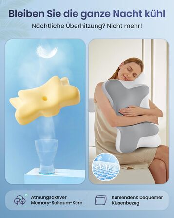 Подушка для шиї DONAMA з піни Memory Foam: ергономічна, з підлокітниками, охолоджуюча, 6 зон підтримки, для сну в будь-якій позі (сіро-біла, 66x37x13 см)
