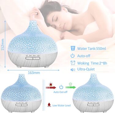 Аромадифузор 550мл, ультразвуковий зволожувач повітря, для ефірних олій, без BPA, ароматерапія, LED-підсвічування, для спа, йоги, спальні