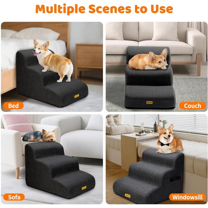 Сходинки для собак Gimars 30D: широкі, міцні, з антиковзким покриттям, 3 сходинки, 40 см, знімний чохол, чорний