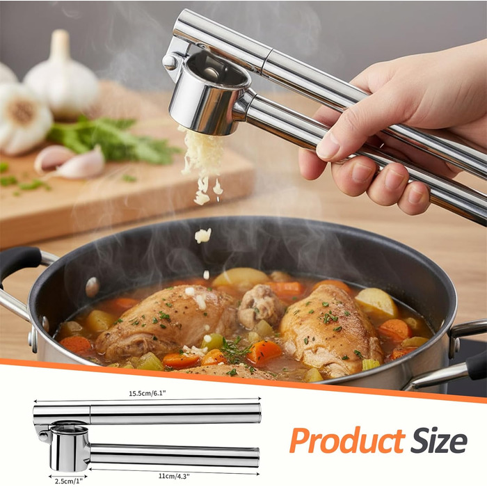 Пресс для часнику з нержавіючої сталі VINATO з очищувачем та щіткою для чищення, кухонний аксесуар для натискання та очищення часнику, придатний для миття в посудомийній машині