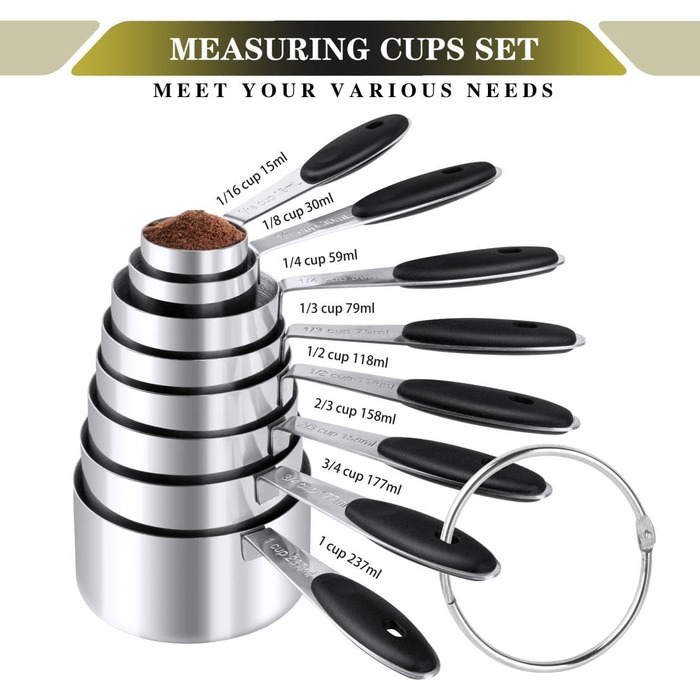Measuring Cup and Spoon Set, 16 Pieces, Stainless Steel, 8 Nesting Measuring Cups and 7 Double-Sided Magnetic Measuring Spoon Set and 1 Leveler for Dry and Liquid Ingredients