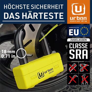 Замок для мотоцикла URBAN UR75, дисковий, високий рівень захисту, SRA сертифікат, міні U-подібний, 18 мм, універсальний 67x46 мм, жовтий