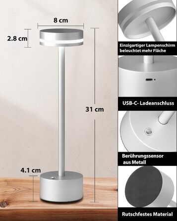 LED настільна лампа з акумулятором, бездротова, з торшером, повне алюмінієве тіло, 3 режими регулювання яскравості, акумулятор 4000mAh, тепле світло 3000K, для обіднього столу, вітальні (срібна)