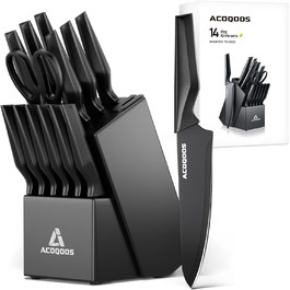 ACOQOOS 14-Piece Knife Set with Block and Sharpener - Professional Kitchen Knife Set, Black