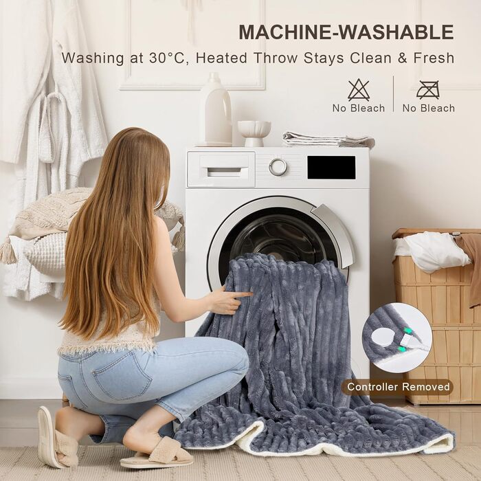 Електрична ковдра Nalome з автовимкненням 160*130 см, 9 температурних режимів, таймер 12 годин, захист від перегріву, пральна машина, фланцель, сіра