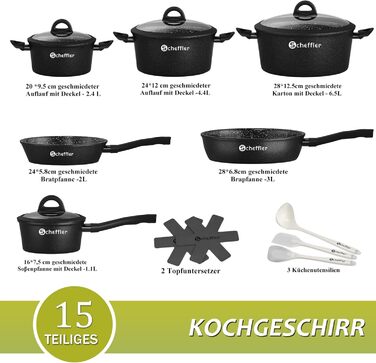 Набір каструль та сковорідок Scheffler 15tlg з антипригарним покриттям для індукційних плит, чорний (HL-21PS102)