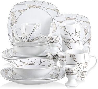 Набір посуду VEWEET 'Serena' з порцеляни, 24 елементи | 6 тарілок для сніданку, десерту, обіду та супу | Сервіз для 6 осіб, ресторану, сім'ї (білий)