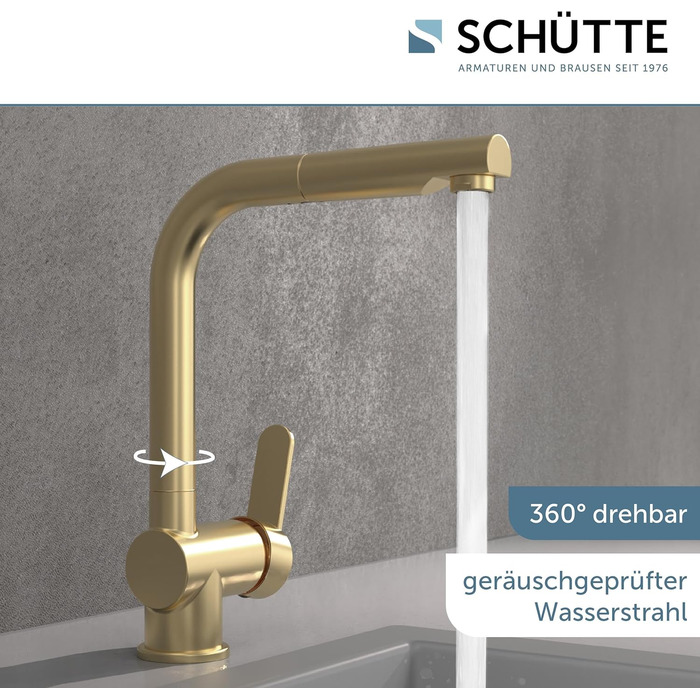 Кухонний змішувач SCHÜTTE LONDON з висувною лійкою, поворотний на 360°, з однорідним змішувачем, для мийки, золотий, 29,8 см (високий тиск)