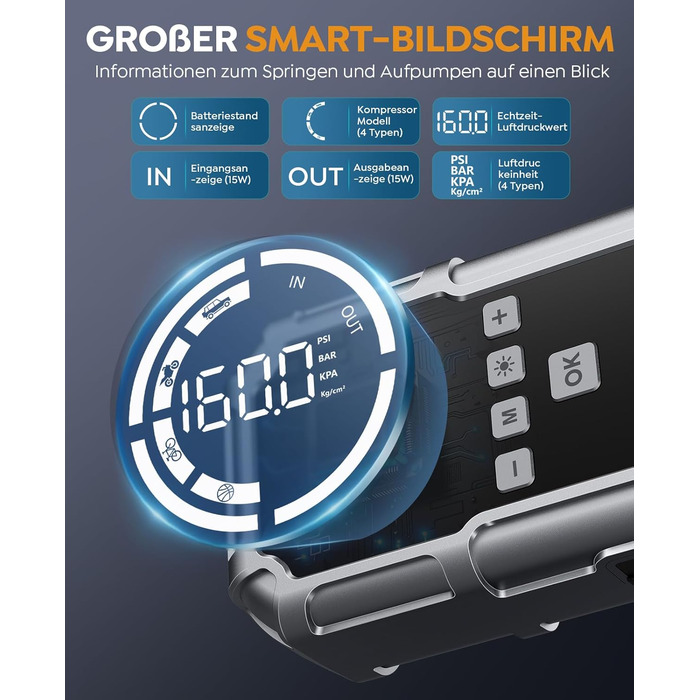 Powerbank Starthilfe BRPOM 8000A з компресором 160PSI для автомобілів, 26800mAh, підтримка бензинових та дизельних двигунів (12.0L), LED-ліхтар 600LUM, сріблясто-сірий колір