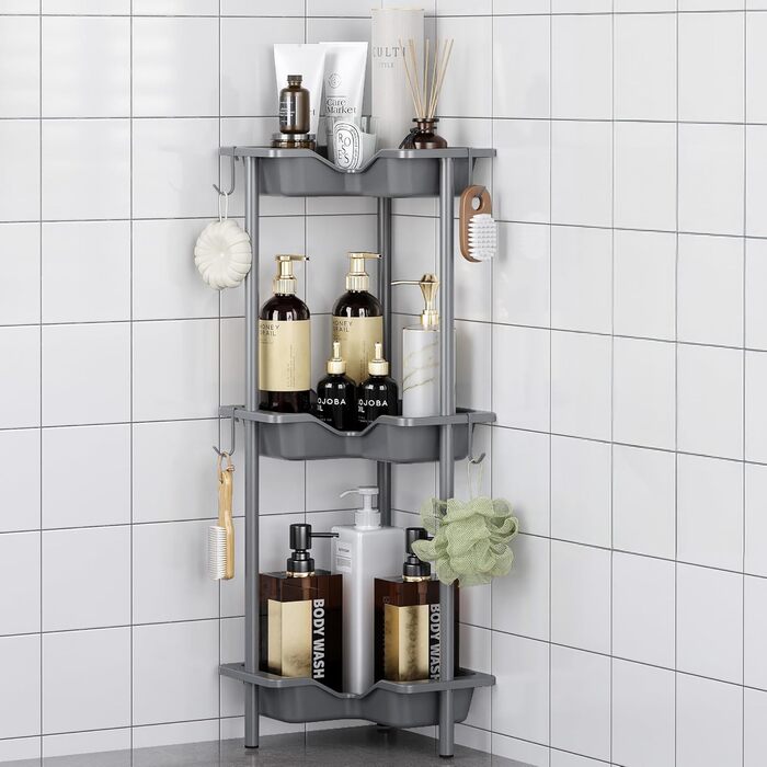 Поличка для душу OriwarE без свердління, кутова, 3 яруси, з гачками, з нержавіючої сталі, сіра