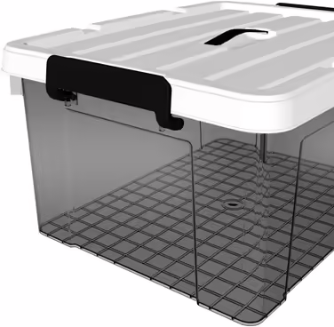 Plastic Storage Box, Tote Box, Organizing Container with Durable Lid and Secure Latching Buckles, Stackable and Nestable, 4-Pack, Transparent Black with Black Buckle (45L x 6)