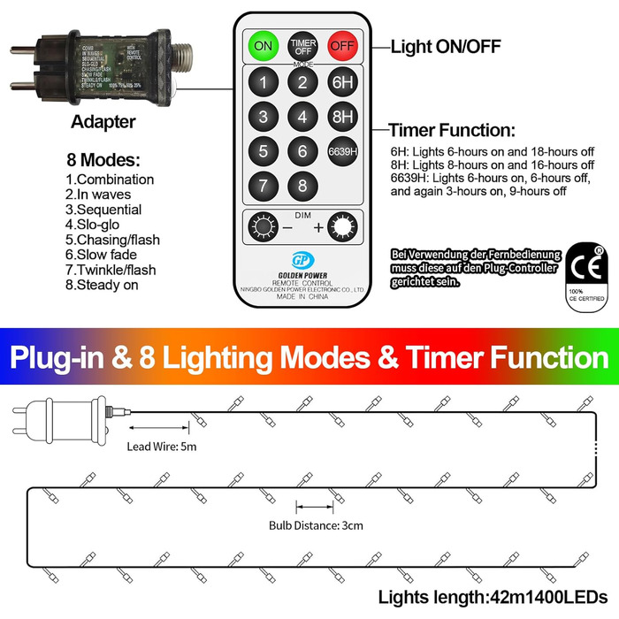 Льодогенератор з LED підсвіткою для дому та вулиці, 1400 LED, тепле біле світло, з пультом керування