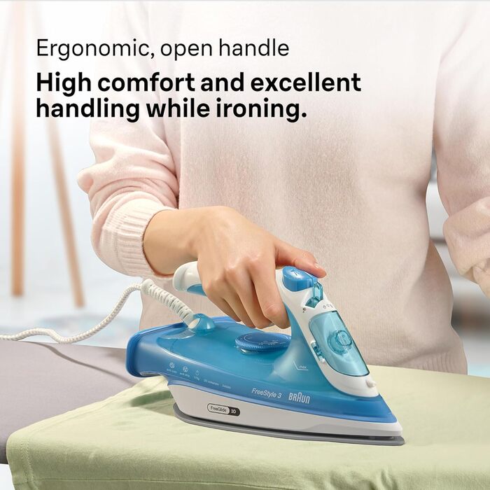 Праска з парою Braun FreeStyle 3 FI3144BL з технологією 3D-FreeGlide, підошвою SuperCeramic, системою Ultimate FastClean, автовимкненням, 270 мл, 2700 Вт, блакитна