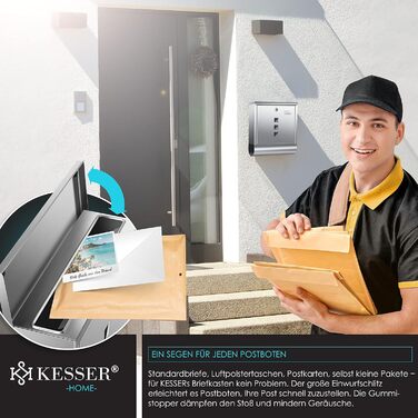 Поштова скринька KESSER® з газетницею та табличкою для імені, нержавіюча сталь, полірована, з оглядовим вікном, замок на 3 ключі, порошкове покриття, для настінного монтажу, велика, срібляста + матеріал для монтажу