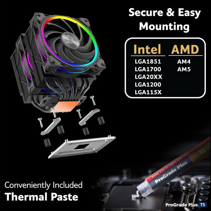 Akasa SOHO H4 Plus: Охолоджувач CPU з RGB підсвічуванням, 120мм вентилятор, мідні теплові трубки, 185W TDP, термопаста, чорний колір, підтримка Intel LGA 1851/20XX/1700/1200/115X та AMD AM4/AM5 Ryzen