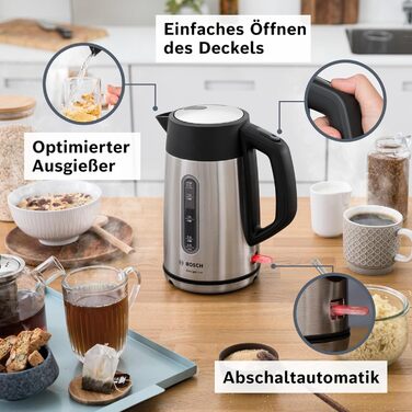 Електричний чайник Bosch DesignLine TWK4P440, 1.7 л, нержавіюча сталь/чорний, з індикатором рівня води та захистом від перегріву