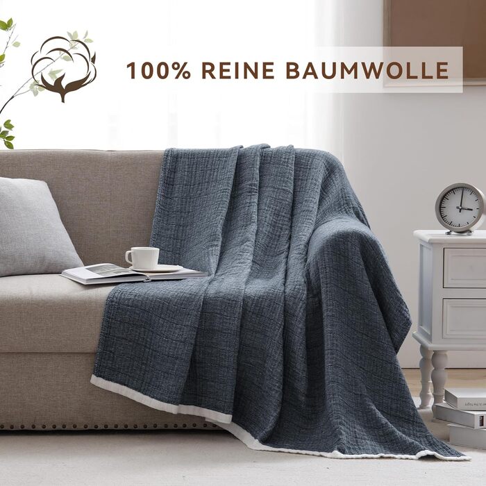 Плед SE SOFTEXLY з бавовни 100%, 4-шаровий м'який плед муслін, ковдра, покривало для ліжка, дивана, вітальні, підходить для будь-якої пори року, колір білий (темно-синій), розмір 130x150 см, 150 x 200 см