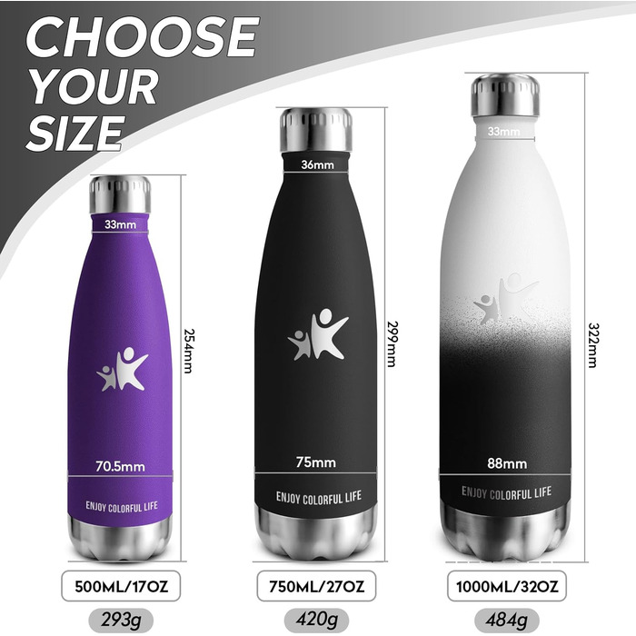 Термос KollyKolla: термопляшка з нержавіючої сталі 500мл/750мл/1л, без BPA, для дітей, спорту, школи, подорожей, кемпінгу. Не протікає.