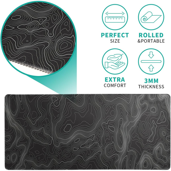 Мат для миші з морем, 80x20 см, абстрактний дизайн, текстура хвилі, протиковзка гумова основа, великий килимок для комп'ютера, офіс, дім