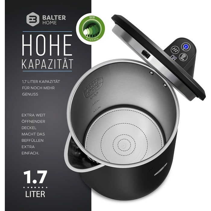Balter Stainless Steel Kettle with Temperature Setting, 40°C-100°C, Double-Walled, BPA-Free, 1.7L, Black, WK-5-Touch